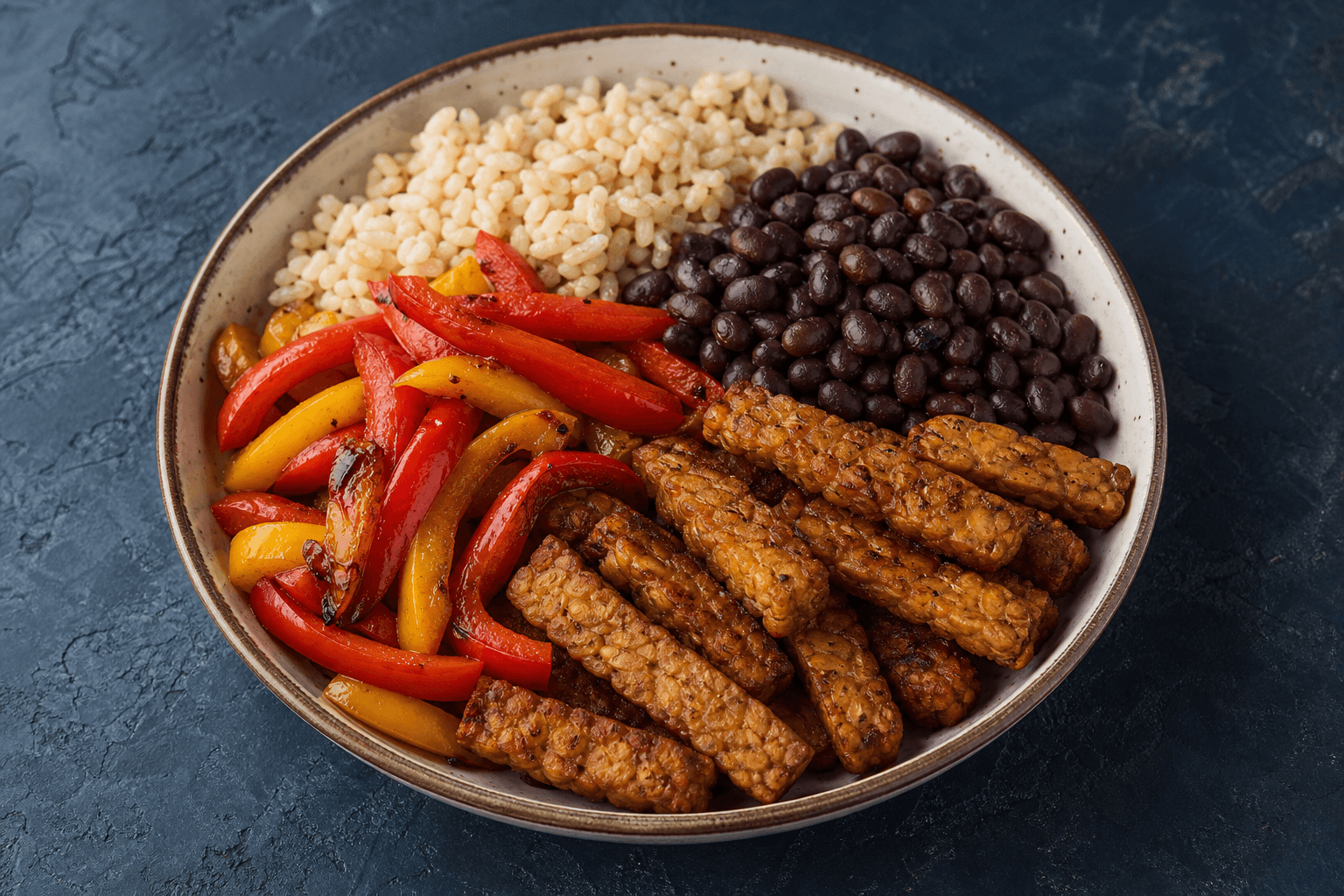 Tempeh Bean Fajita Bowl, prepared and ready to serve