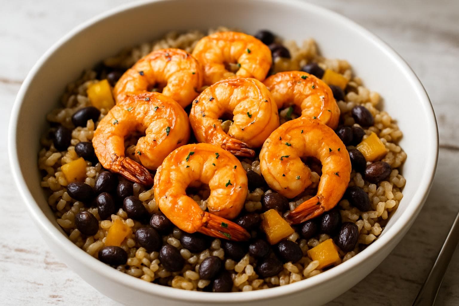 Garlic Shrimp and Black Bean Rice Bowl, prepared and ready to serve