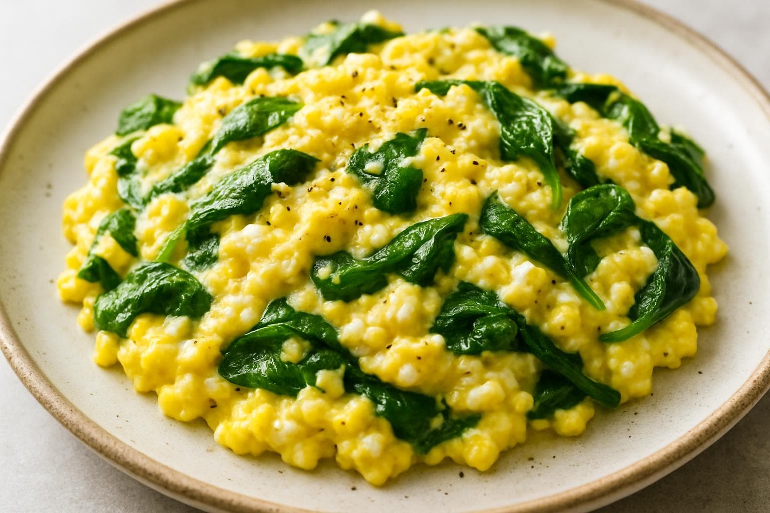 Savory Cottage Cheese and Egg Scramble with Spinach, prepared and ready to serve