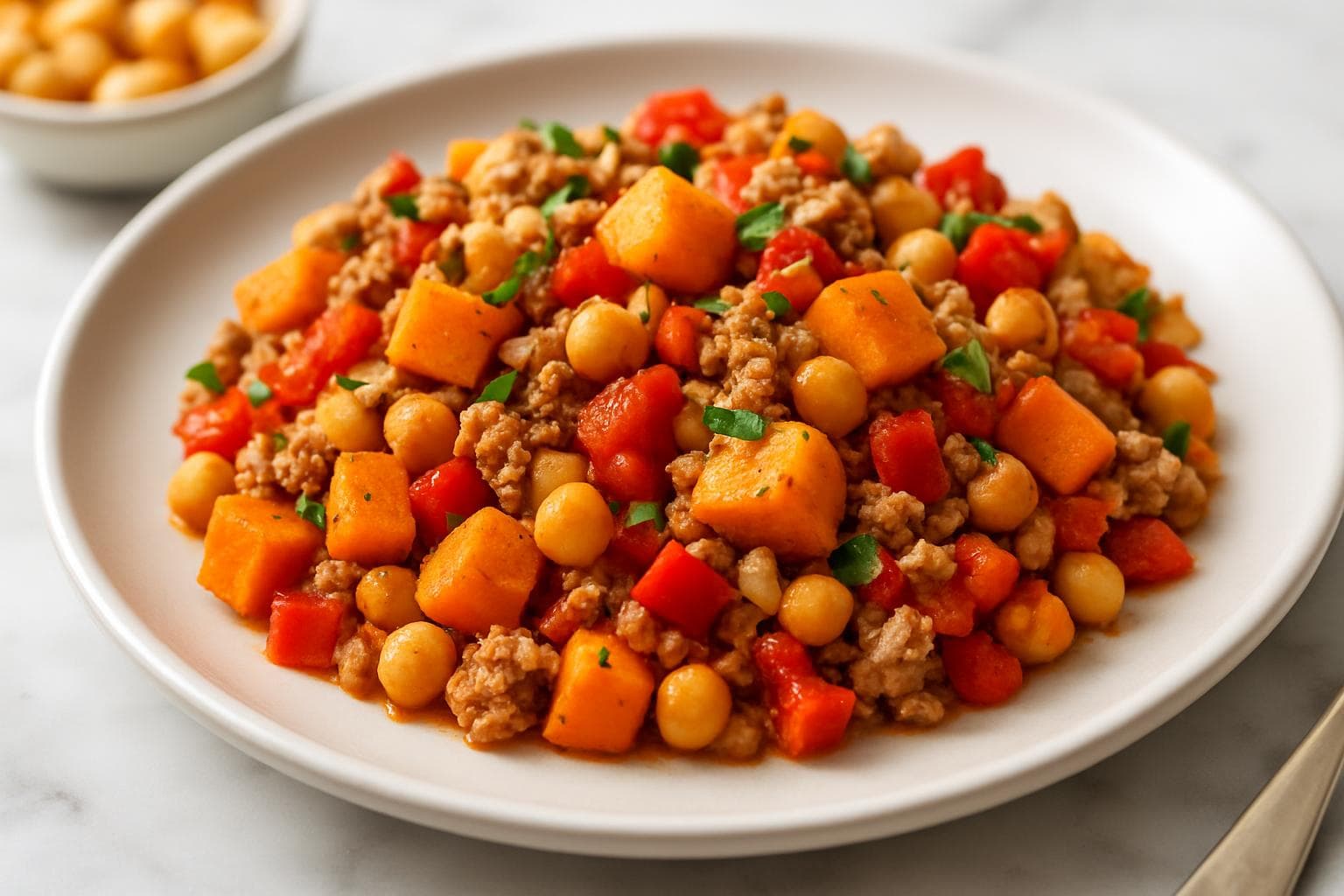 One-Pan Mediterranean Turkey and Sweet Potato Skillet, prepared and ready to serve